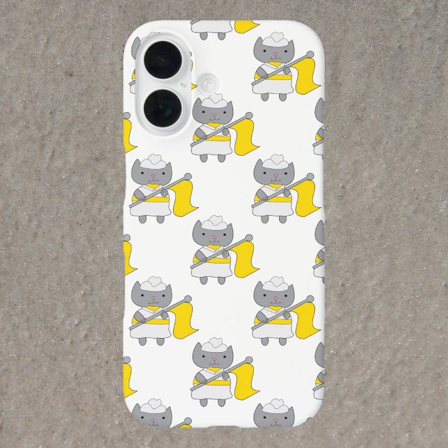 Graue Katze Gelb und Weiß Case-Mate iPhone Hülle (A phone case with a pattern of gray cats in a yellow and white color guard uniform.)