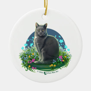 Graue Katze im Blumengarten Keramik Ornament