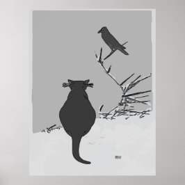 Graue Katze im Garten mit Bird Poster
