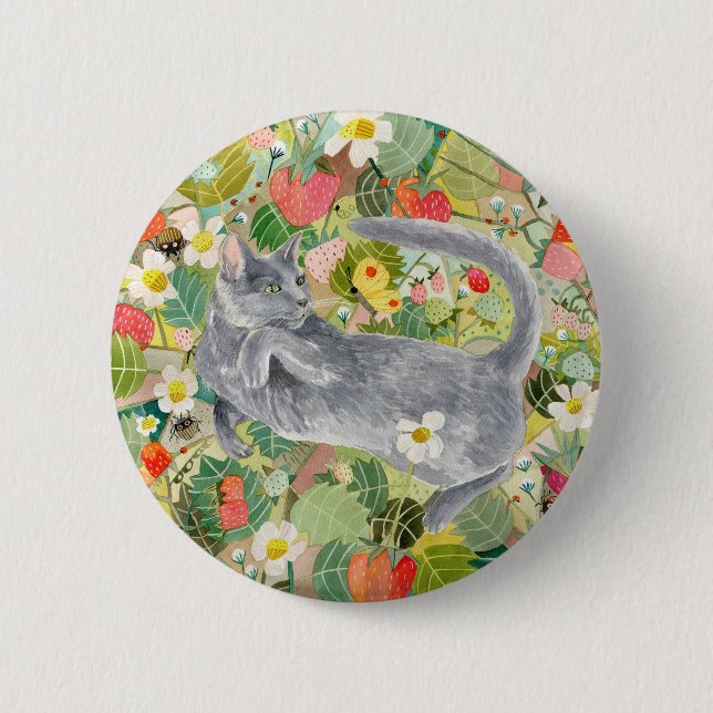 Graue Katze im Strawberry-Patch-Knopf Button (Vorderseite)