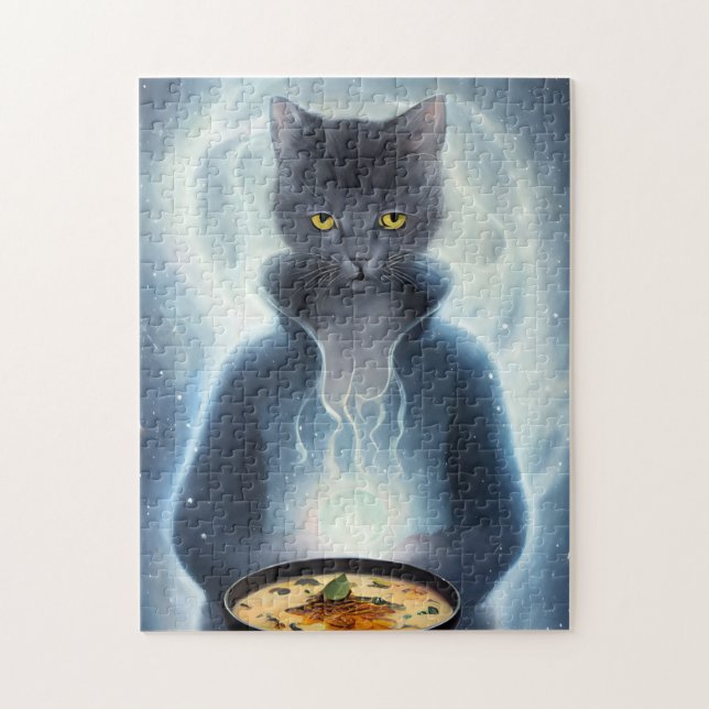 Graue Katze in blauer Esssuppe im Weltraum Puzzle (Vertikal)