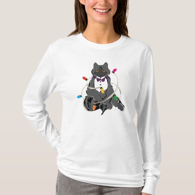 Graue Katze in den weihnachtlichen LIghts eingesch T-Shirt (Vorderseite)