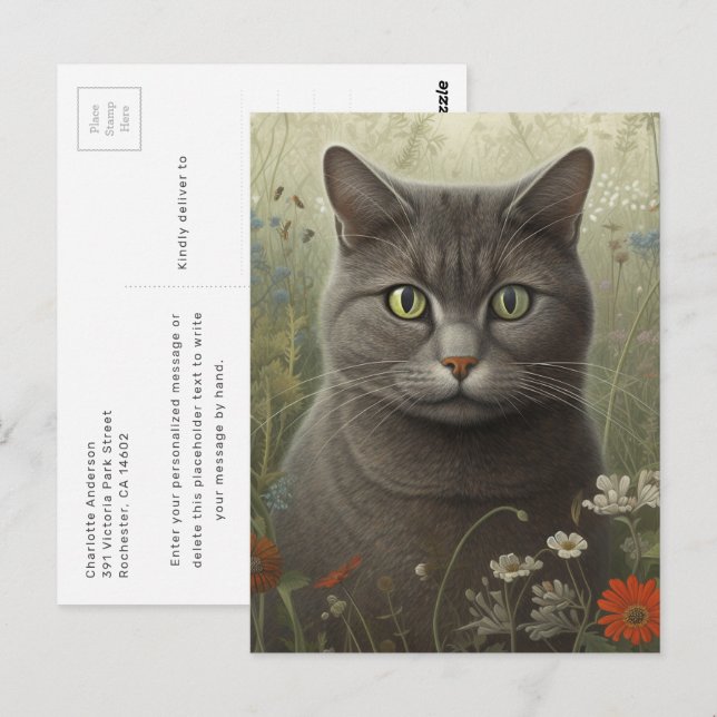 Graue Katze in einem Garten Postkarte (Vorne/Hinten)
