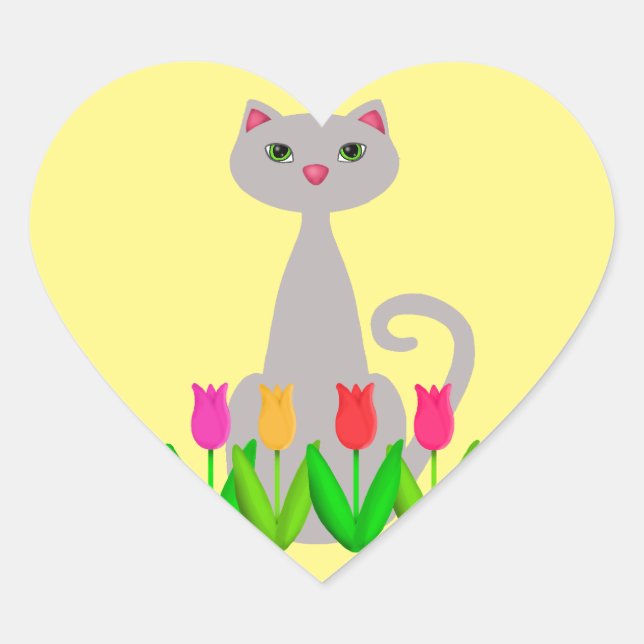 Graue Katze in Frühlingsblumen Herz-Aufkleber (Vorderseite)