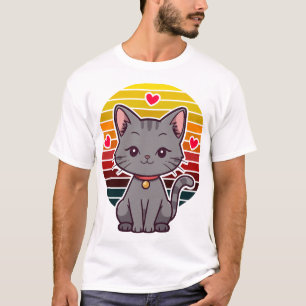 Graue Katze Kawaii Retro-Sonnenuntergang Anime-Kun T-Shirt