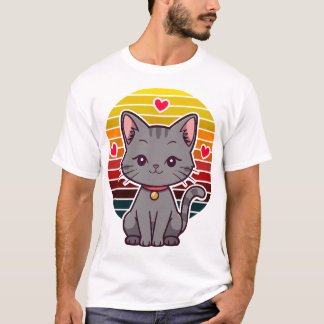 Graue Katze Kawaii Retro-Sonnenuntergang Anime-Kun T-Shirt