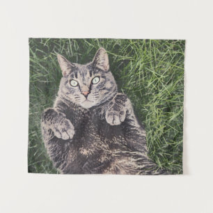 graue Katze liegt im Gras Wandteppich