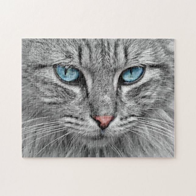 Graue Katze mit blauen Augen Puzzle (Horizontal)