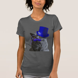 Graue Katze mit Blue Top Hat und Blue Mustache