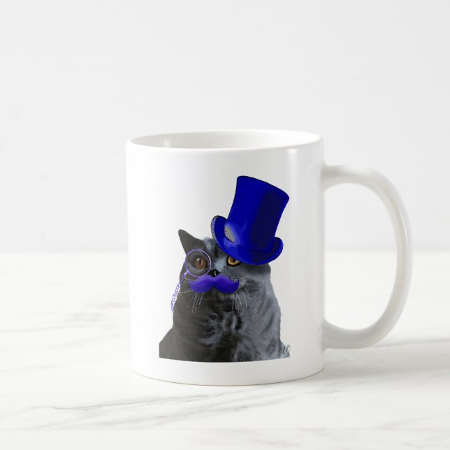 Graue Katze mit Blue Top Hat und Blue Mustache Kaffeetasse (Rechts)