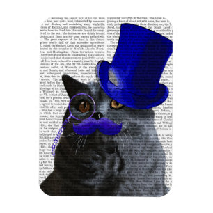 Graue Katze mit Blue Top Hat und Blue Mustache Magnet