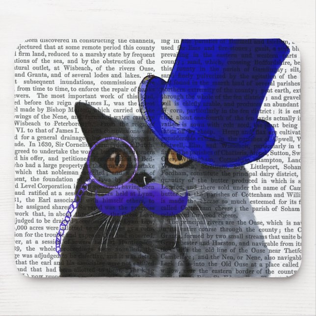 Graue Katze mit Blue Top Hat und Blue Mustache Mousepad (Vorne)