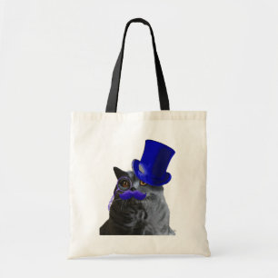 Graue Katze mit Blue Top Hat und Blue Mustache Tragetasche