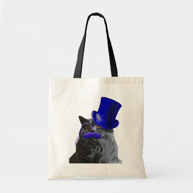 Graue Katze mit Blue Top Hat und Blue Mustache Tragetasche (Vorne)