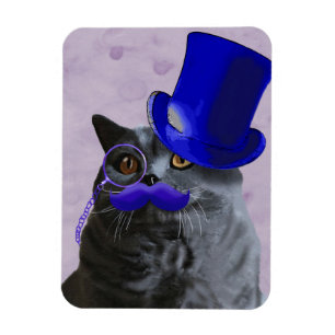 Graue Katze mit Blue Top Hat und Mustache Magnet