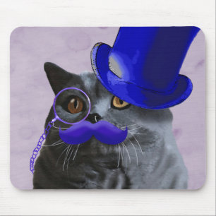 Graue Katze mit Blue Top Hat und Mustache Mousepad
