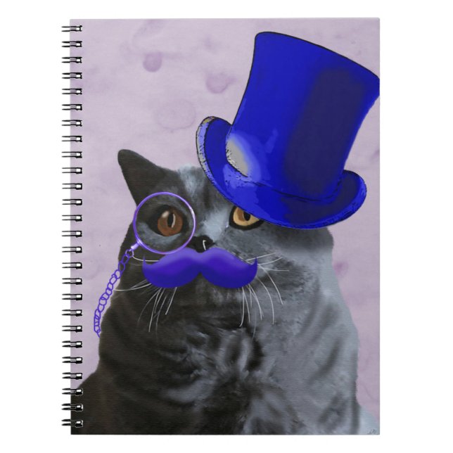 Graue Katze mit Blue Top Hat und Mustache Notizblock (Vorderseite)