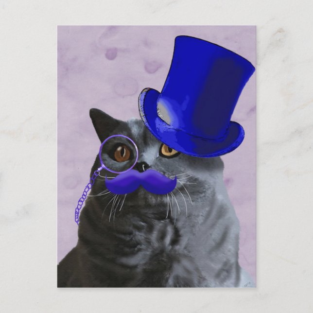 Graue Katze mit Blue Top Hat und Mustache Postkarte (Vorderseite)