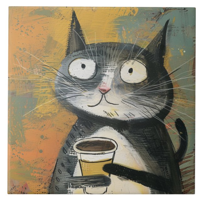 Graue Katze mit Kaffee auf Ocker Fliese (Vorderseite)