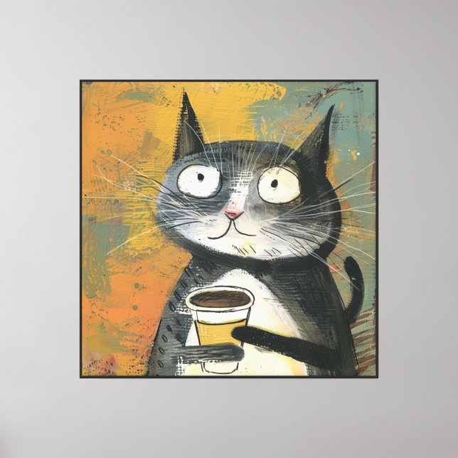 Graue Katze mit Kaffee auf Ocker Leinwanddruck (Vorderseite)