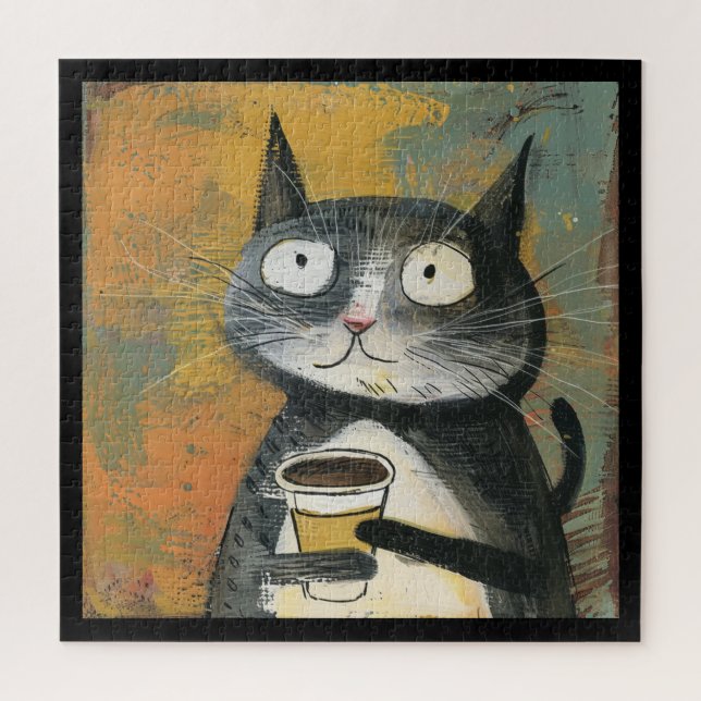 Graue Katze mit Kaffee auf Ocker Puzzle (Vertikal)