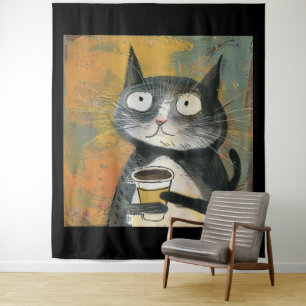 Graue Katze mit Kaffee auf Ocker Wandteppich