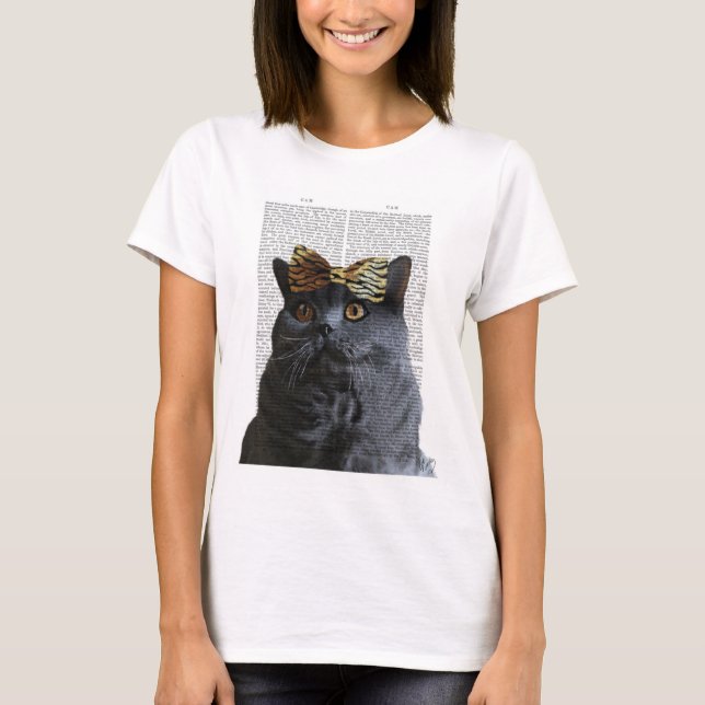 Graue Katze mit Leopard Bow T-Shirt (Vorderseite)