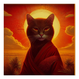 Graue Katze mit modischem Gewand in Sonnenuntergan Poster
