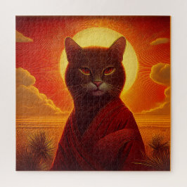 Graue Katze mit modischer Robe in der Sonnenunterg Puzzle