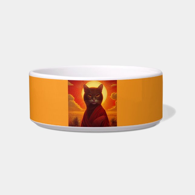 Graue Katze mit modischer Robe in einer Sonnenunte Napf (Vorderseite)