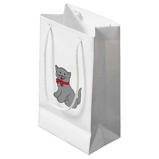 Graue Katze mit Red Bow Small Geschenktasche Kleine Geschenktüte (Vorderseite Schrägansicht)