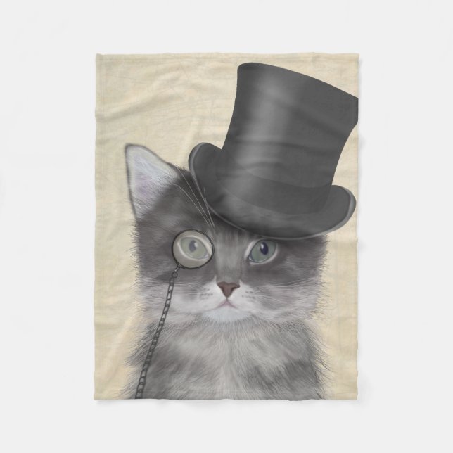 Graue Katze mit Top Hat Fleecedecke (Vorderseite)