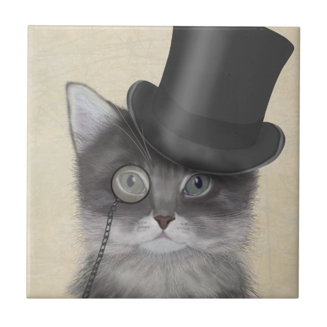 Graue Katze mit Top Hat Fliese (Vorderseite)