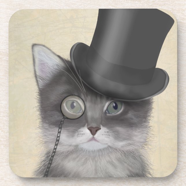 Graue Katze mit Top Hat Getränkeuntersetzer (Vorderseite)