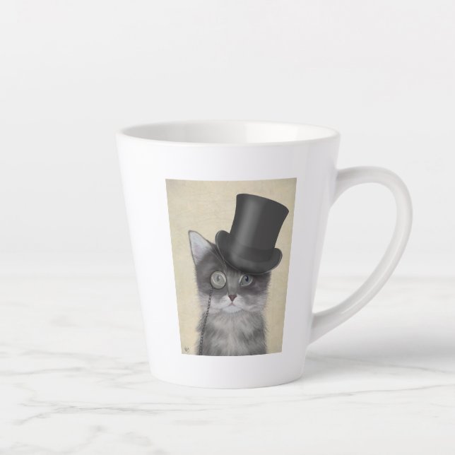 Graue Katze mit Top Hat Milchtasse (Rechts)