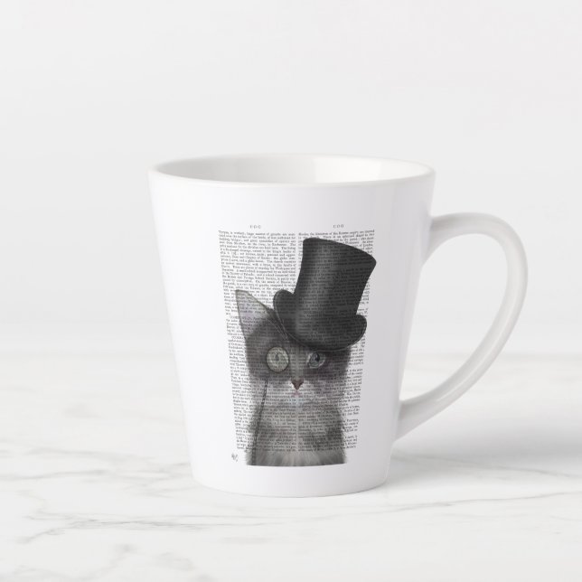 Graue Katze mit Top Hat Milchtasse (Rechts)