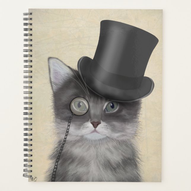 Graue Katze mit Top Hat Planer (Vorderseite)