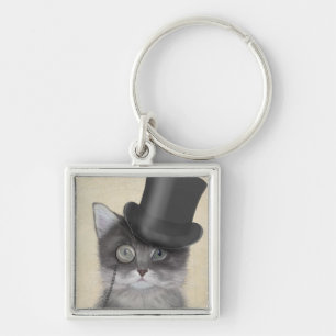 Graue Katze mit Top Hat Schlüsselanhänger