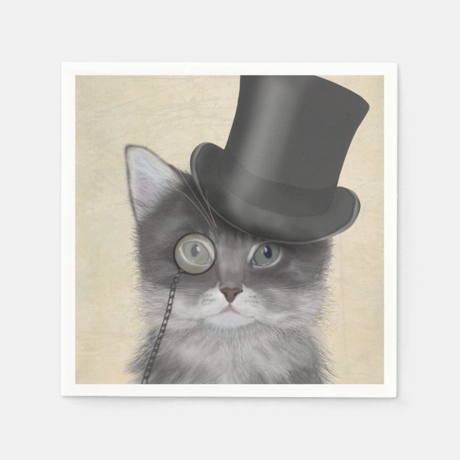 Graue Katze mit Top Hat Serviette (Vorderseite)