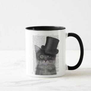 Graue Katze mit Top Hat Tasse