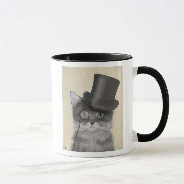 Graue Katze mit Top Hat Tasse (Rechts)