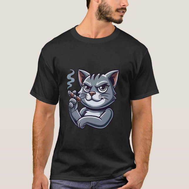 Graue Katze mit Zigarre T-Shirt (Vorderseite)