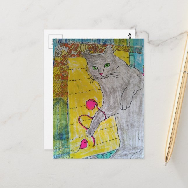 Graue Katze Mixed-Media-Collage Postkarte (Vorderseite/Rückseite Beispiel)