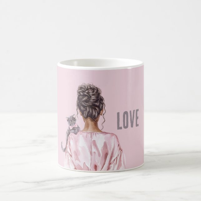 Graue Katze Rosa Schleife Weiblich Kaffeetasse (Mittel)