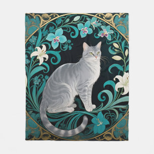 Graue Katze Verzierte Blumenrahmung Fleecedecke
