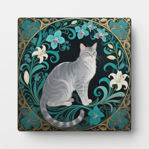 Graue Katze Verzierte Blumenrahmung Fotoplatte