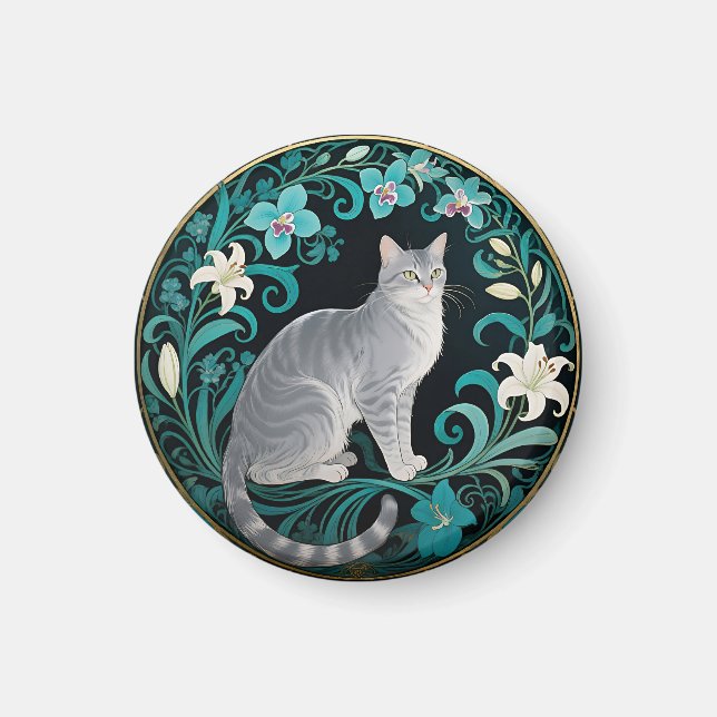 Graue Katze Verzierte Blumenrahmung Magnet (Vorne)