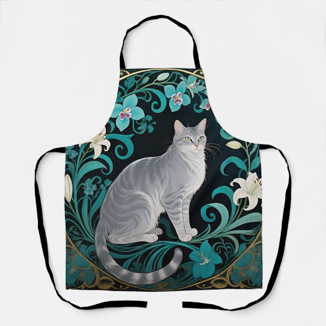 Graue Katze Verzierte Blumenrahmung Schürze (Vorderseite)
