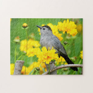 Graue Katzendrossel auf Holzzaun Puzzle