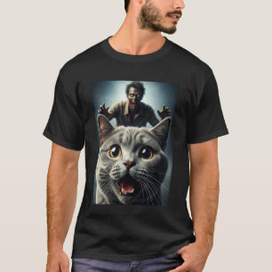 Graue Katzenselfie mit Zombie Lustiger Tierbesitze T-Shirt